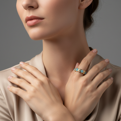 Close-up of a woman wearing a gold ring with blue gemstones on a neutral background