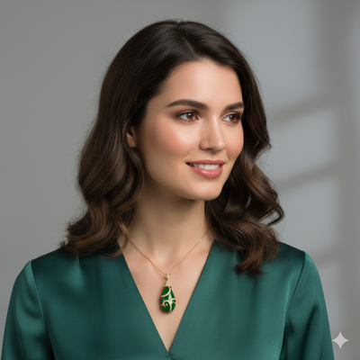 Woman wearing a green dress with a matching necklace against a gray background