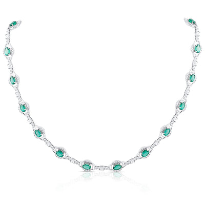 Emerald Oval & Diamond Necklace In 18K White Gold