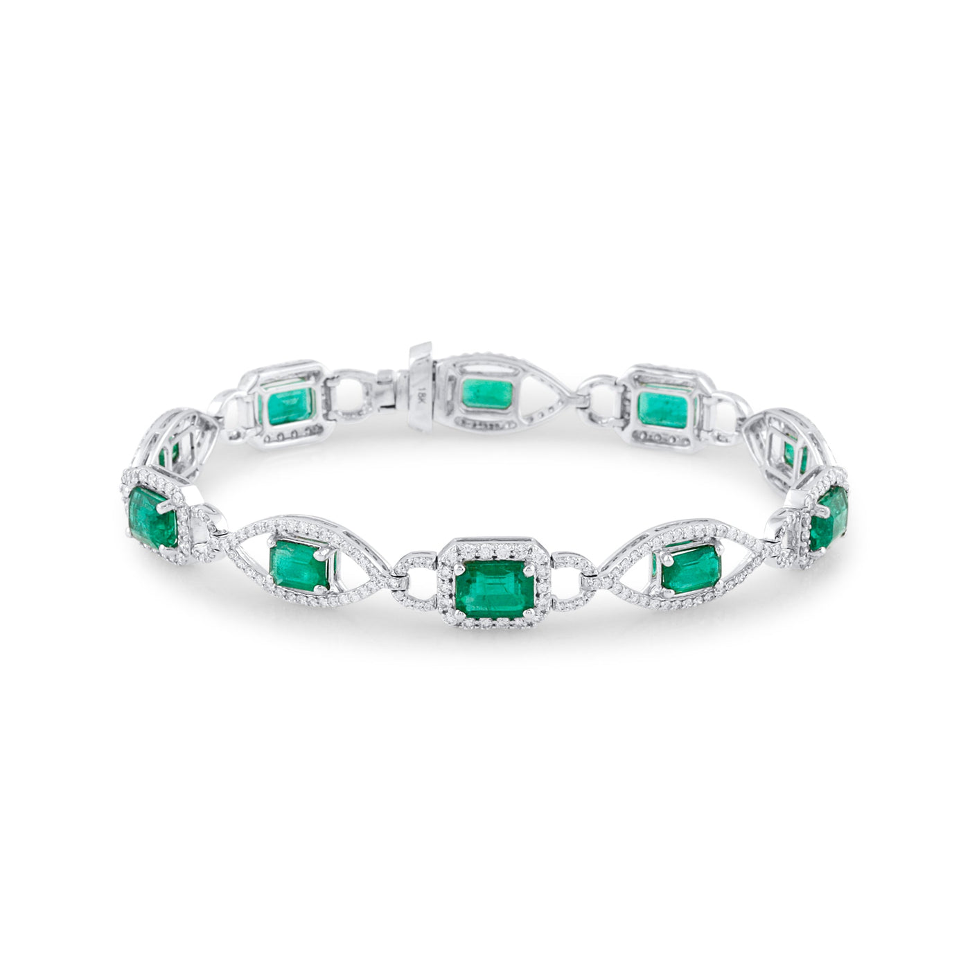 18K White Gold Emerald & Diamond Bracelet by Tresor Collection Emerald and diamond link bracelet in 18K white gold – luxury handcrafted jewelry by Tresor Collection