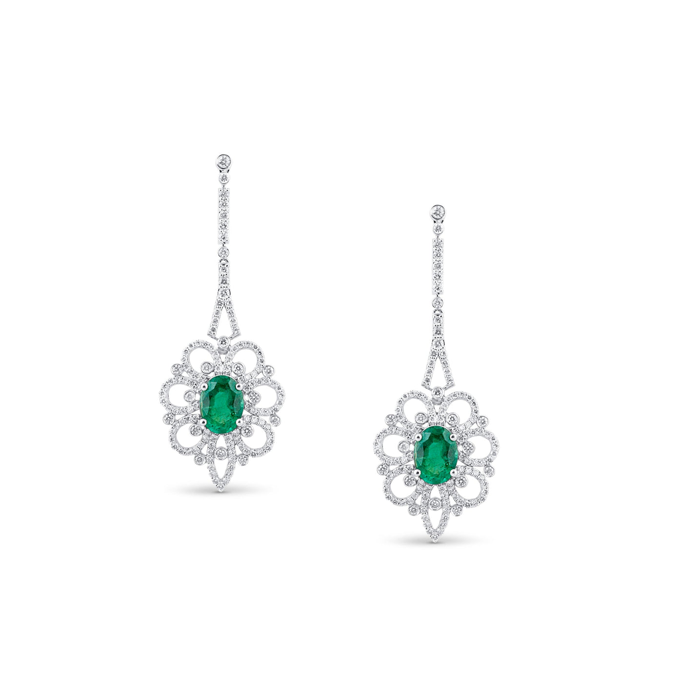 18K White Gold Oval Emerald & Diamond Earrings by Tresor Collection 18K white gold emerald and diamond floral drop earrings flatlay – luxury handcrafted jewelry by Tresor Collection