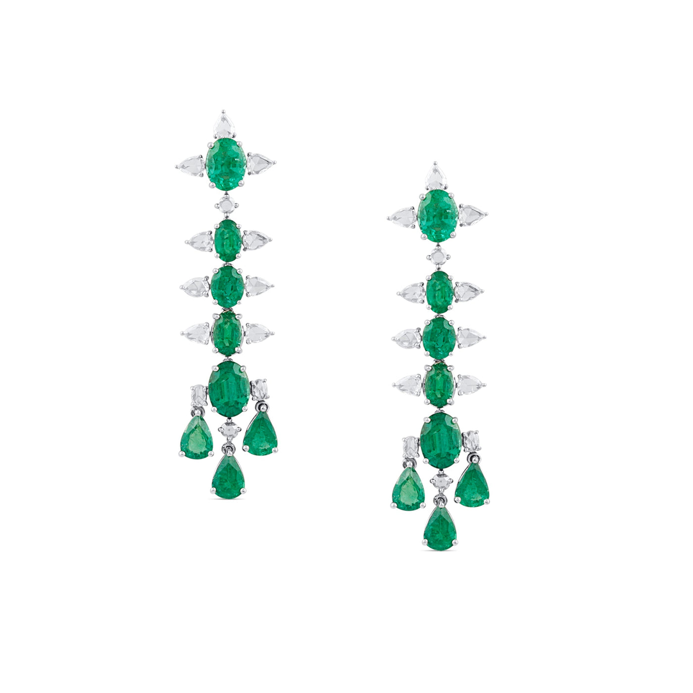18K White Gold Emerald & Diamond Drop Earrings by Tresor Collection 18K white gold long emerald and diamond drop earrings flatlay – luxury handcrafted jewelry by Tresor Collection