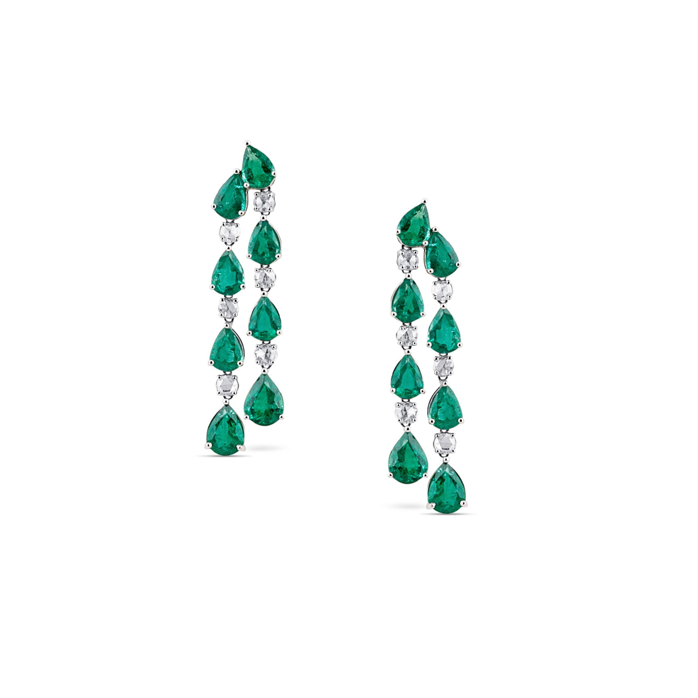 18K White Gold Pear Shape Emerald & Diamond Earrings by Tresor Collection 18K white gold emerald and diamond drop earrings flatlay – luxury handcrafted jewelry by Tresor Collection