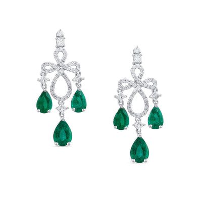 18K White Gold Emerald & Diamond Pear Shape Earrings by Tresor Collection Pear-cut emerald and diamond chandelier earrings in 18K white gold – luxury handcrafted jewelry by Tresor Collection