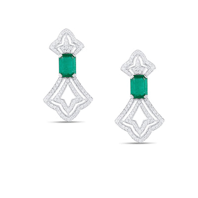 Emerald Rect. & Diamond Earring In 18K White Gold