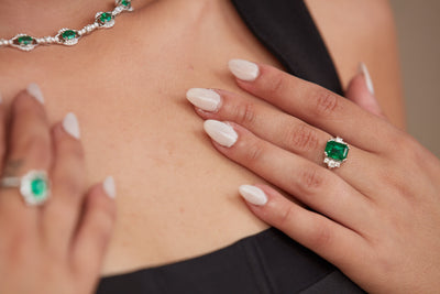 Emerald Rect. & Diamond Ring In 18K White Gold - Tresor Collection White gold emerald-cut ring on hand – classic green gemstone statement piece