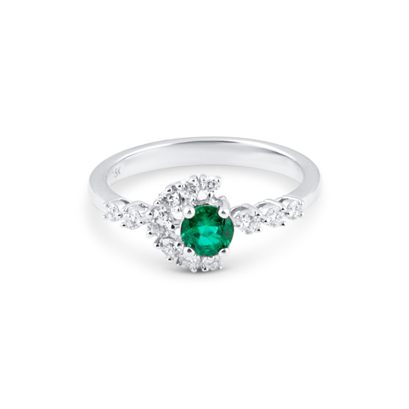 Emerald Round & Diamond Ring In 18K White Gold