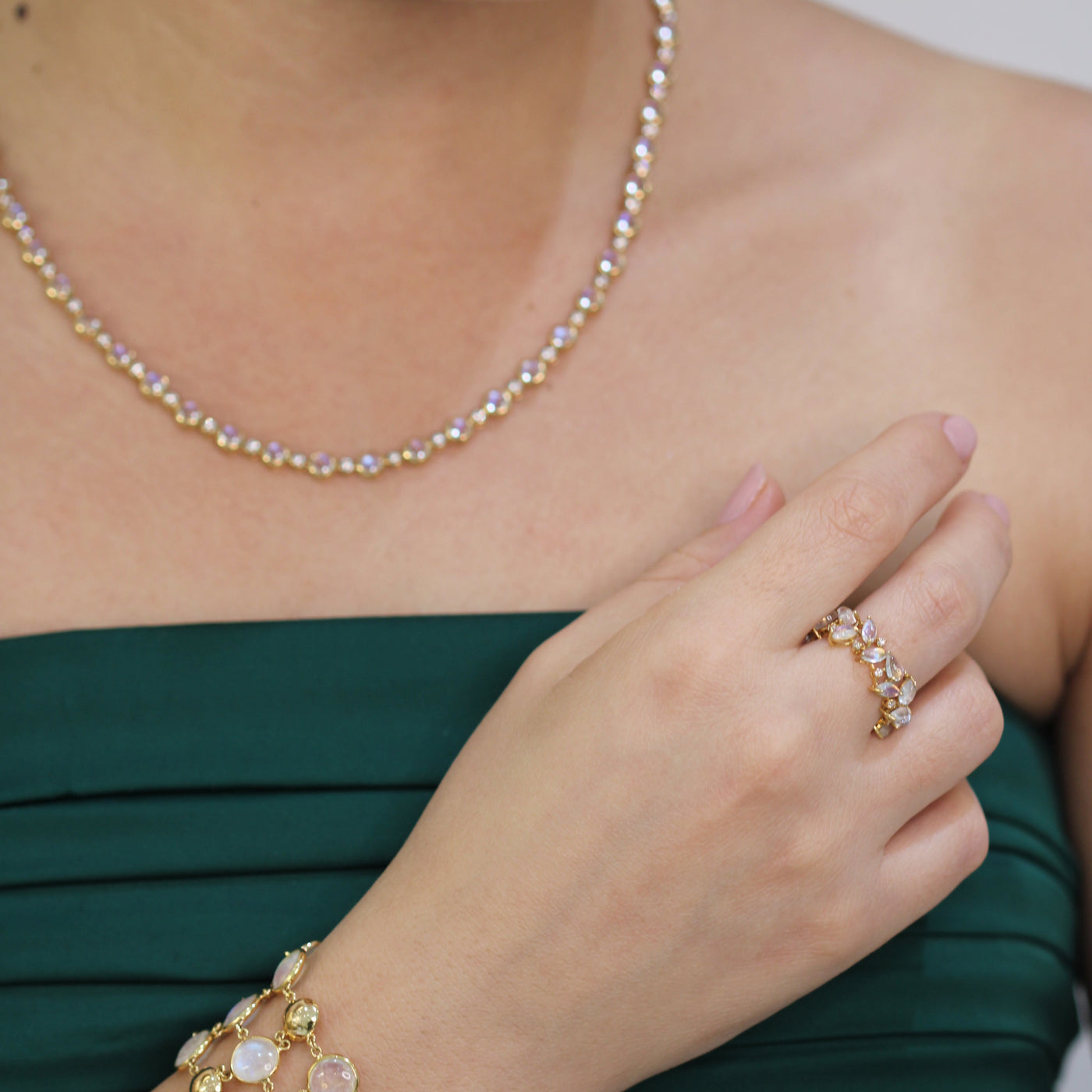 18K Gold Rainbow Moonstone and Diamond Tennis Necklace