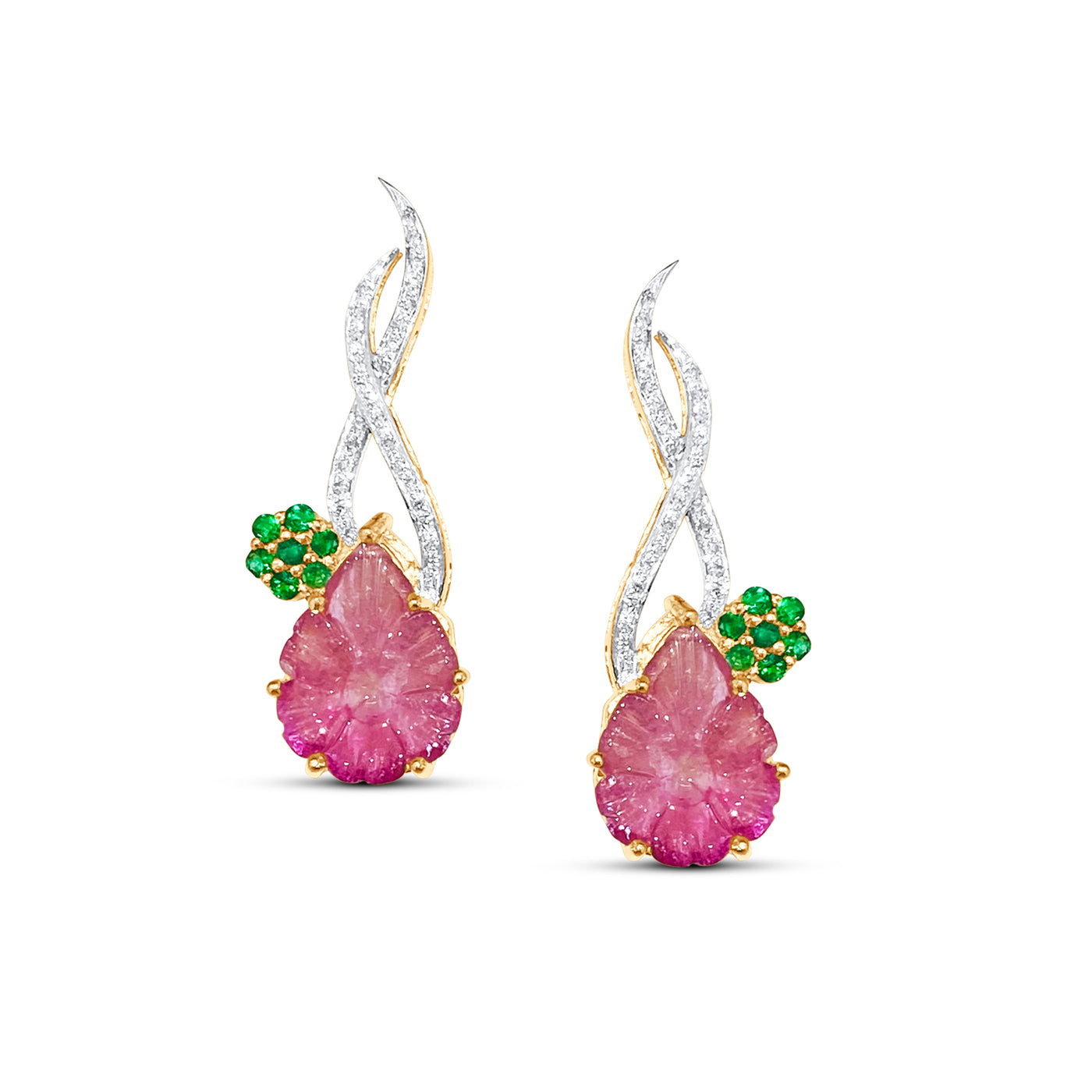 Tourmaline Carved Leaves, Emerald & Diamond Earring In 18K Yellow Gold
