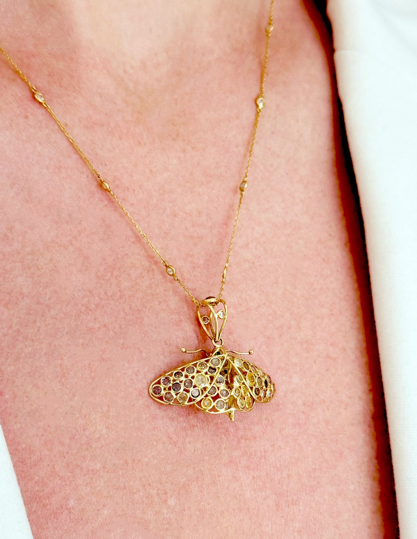 18K Yellow Gold Champagne Diamond Butterfly Pendant