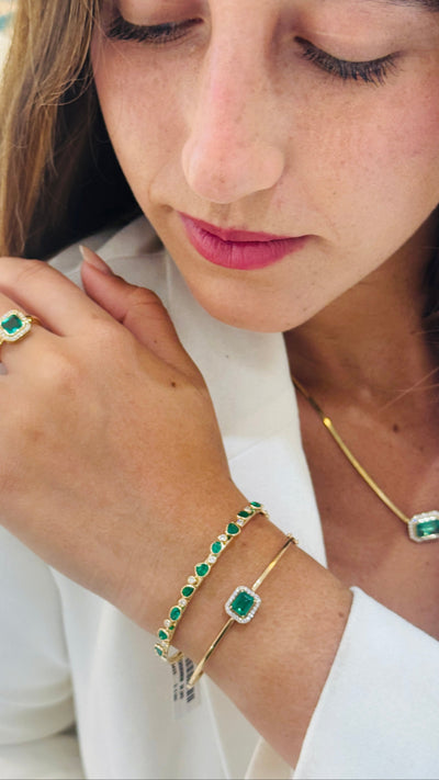 Emerald Rectangle And Diamond Bangle In 18K Yellow Gold