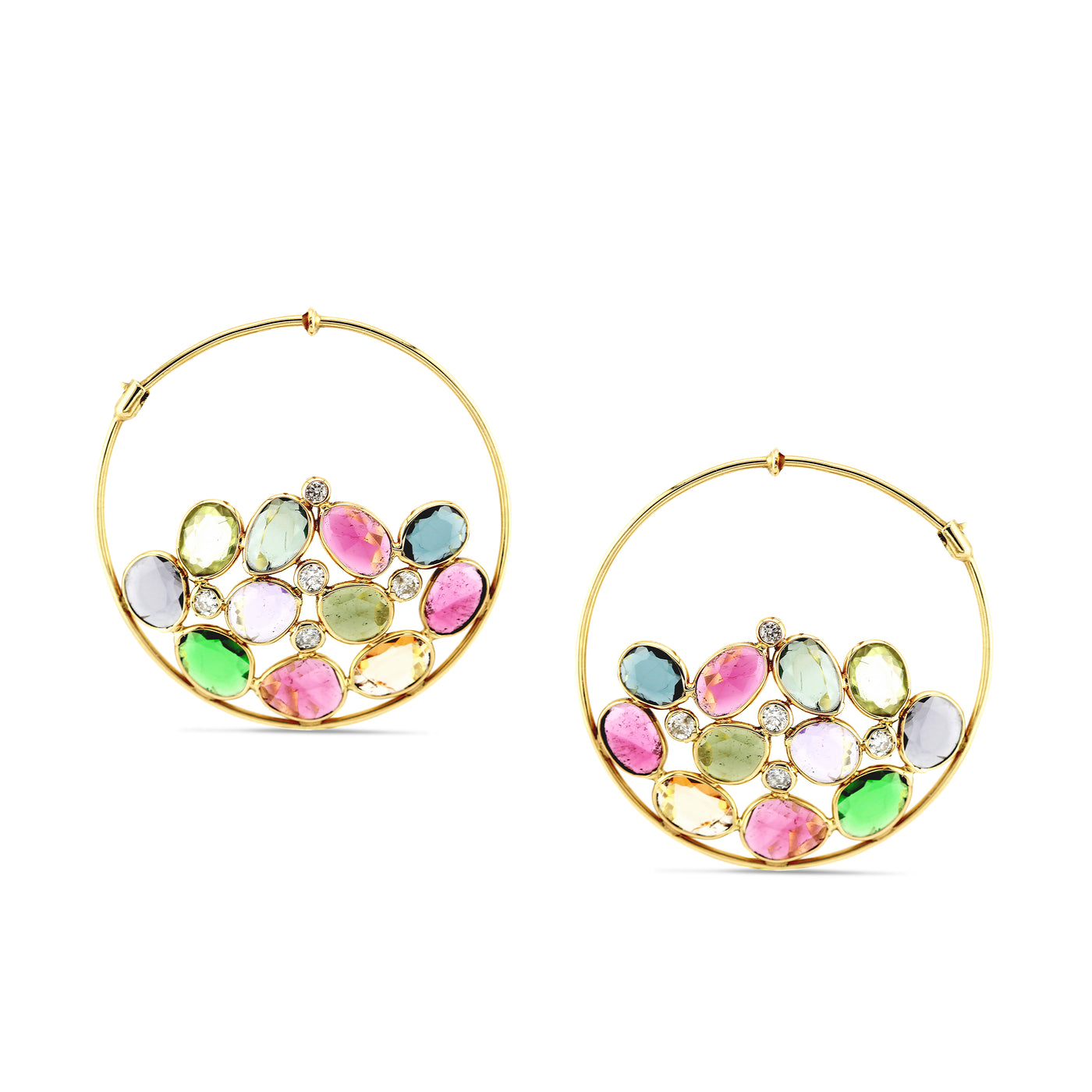 Multicolor Stone Unshape & Diamond Earring In 18K Yellow Gold