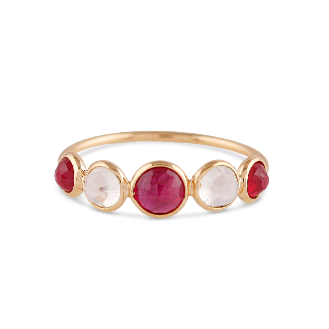 Ruby & Rainbow Moonstone Rd. Ring In 18K Yellow Gold