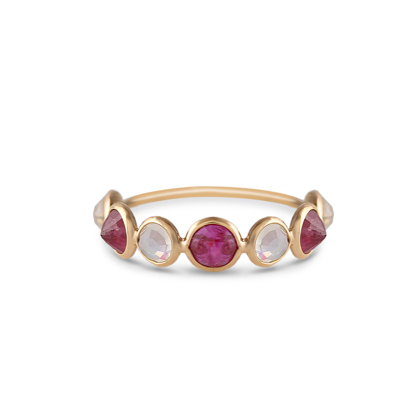 Ruby & Rainbow Moonstone Rd. Ring In 18K Yellow Gold