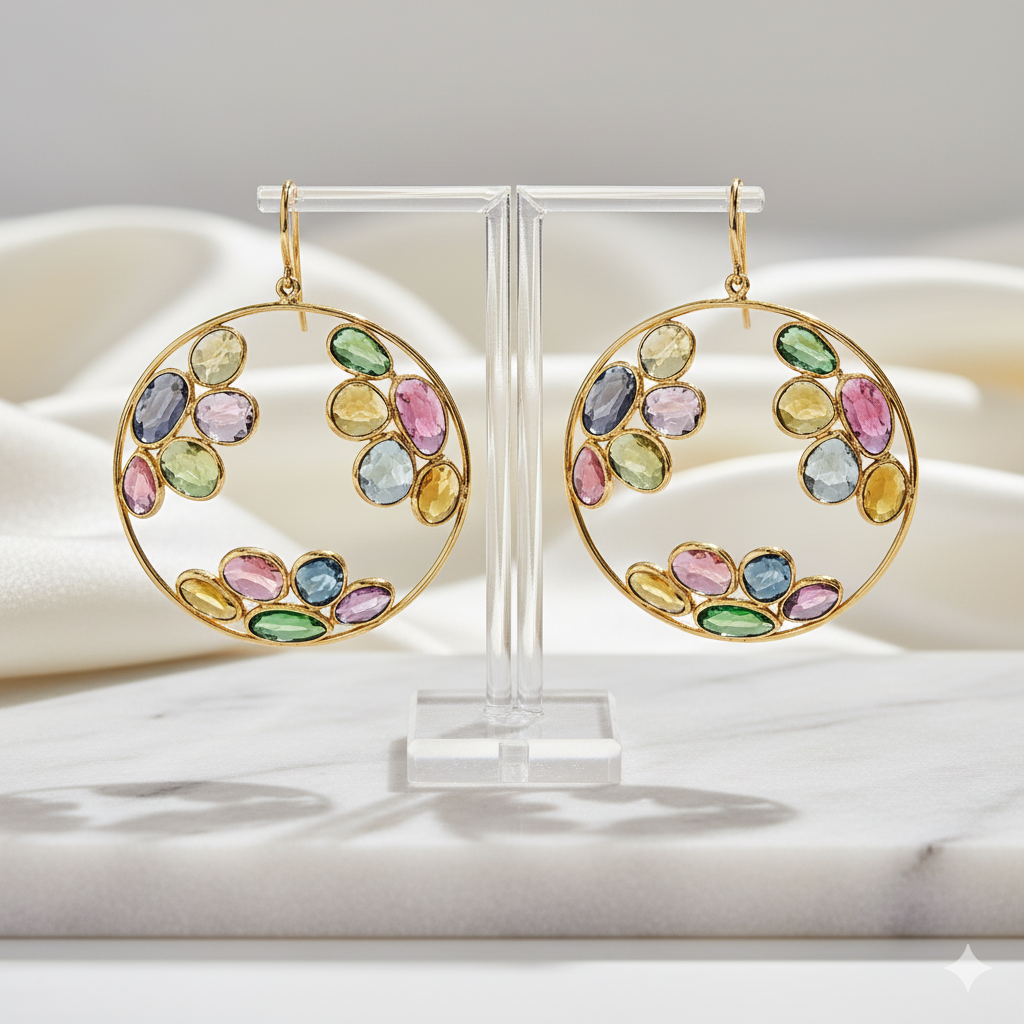 Multicolored gemstone earrings on a clear stand with a light background Display of handcrafted 18K gold multi-gemstone hoop earrings – luxury fine jewelry by Tresor Collection