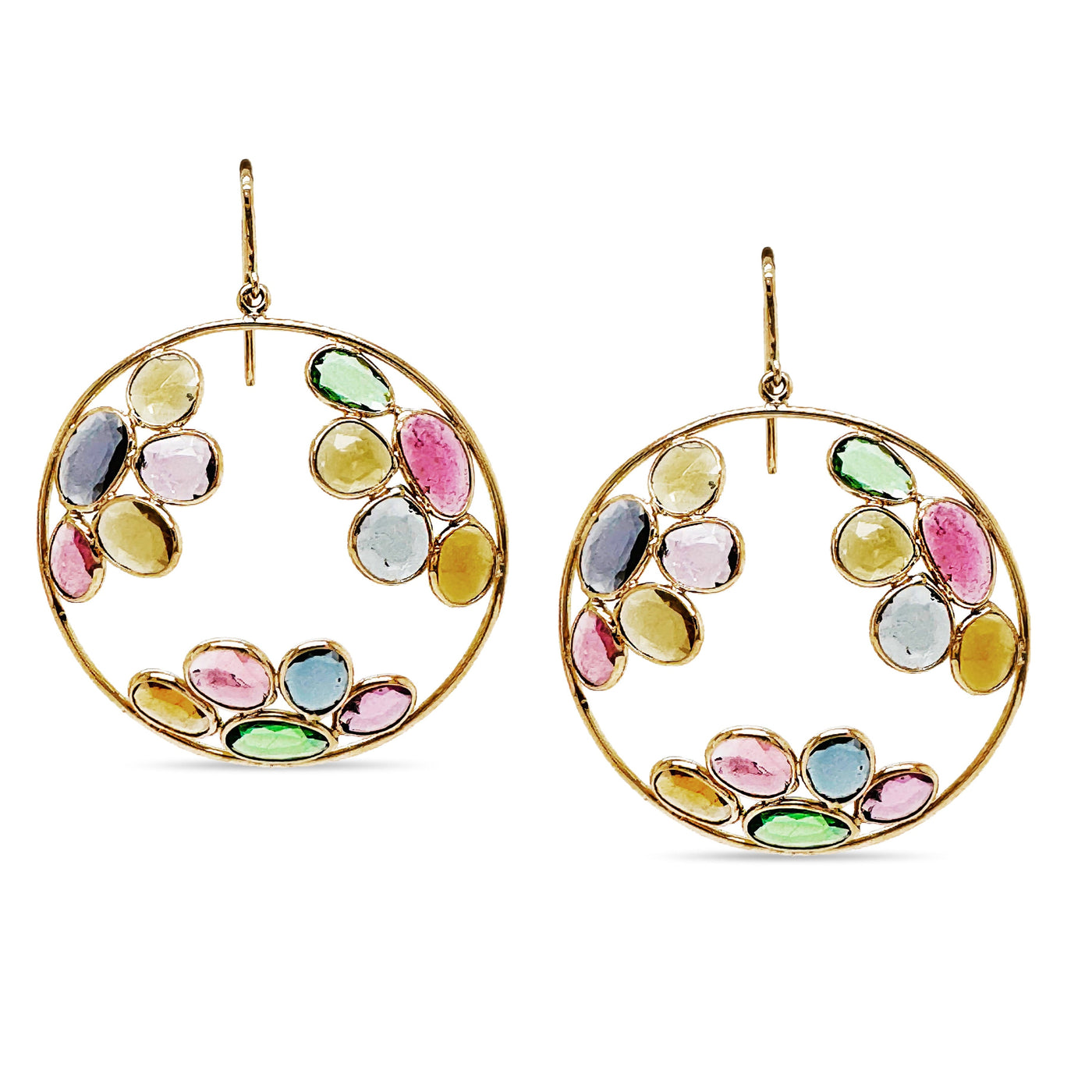 18K gold multicolor stone earrings – statement handcrafted fine jewelry 18K gold multi-gemstone hoop earrings flatlay – colorful handcrafted statement jewelry by Tresor Collection