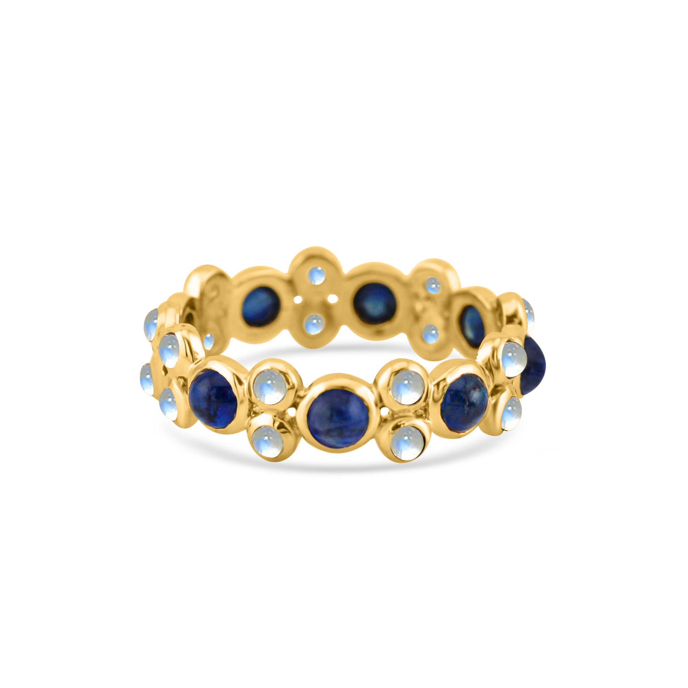 Blue Sapphire Round & Rainbow Moonstone Round Ring In 18K Yellow Gold