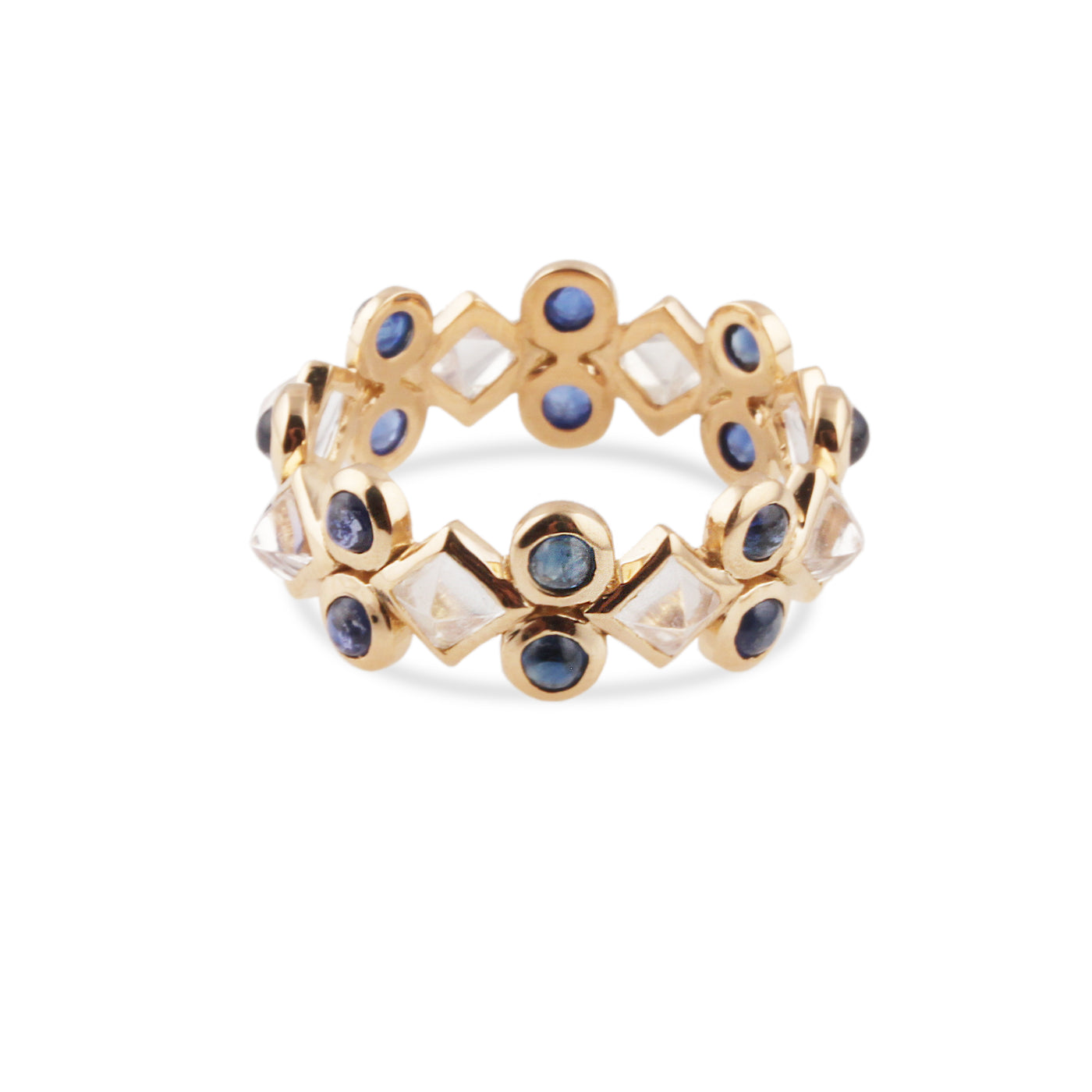 Blue Sapphire Round & Rainbow Moonstone Square Ring In 18K Yellow Gold