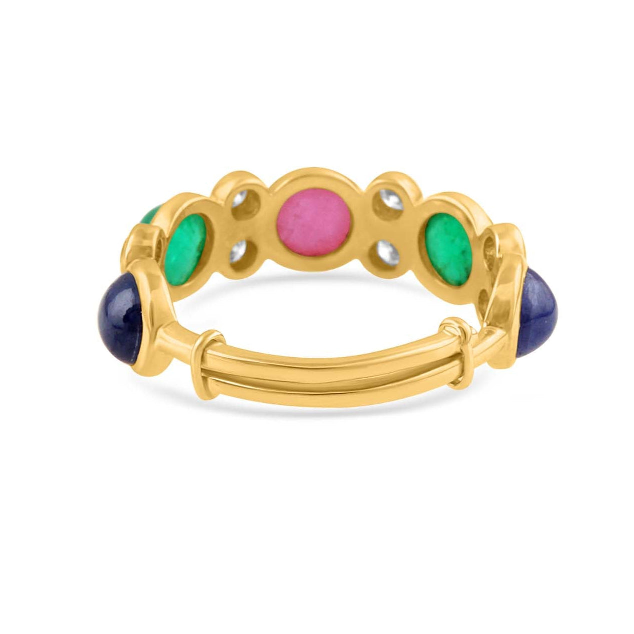 Emerald, Ruby And Blue Sapphire And Diamond Round Ring With 18 Kt Gold