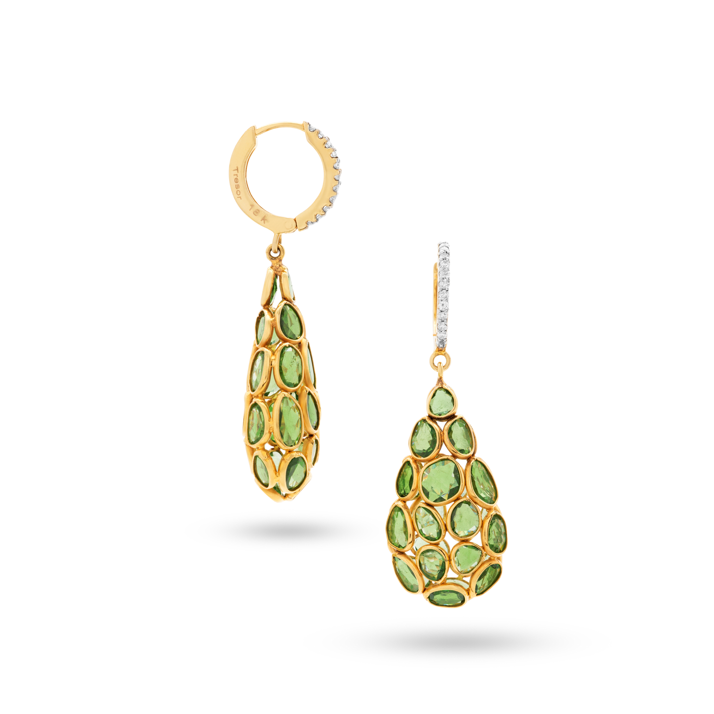 18K gold Tsavorite and Diamond earrings – luxury fine jewelry by Tresor Collection Green gemstone drop earrings flatlay – handcrafted 18K gold designer earrings by Tresor Collection