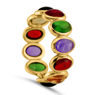 Multicolor Stones Oval Ring In 18K Yellow Gold