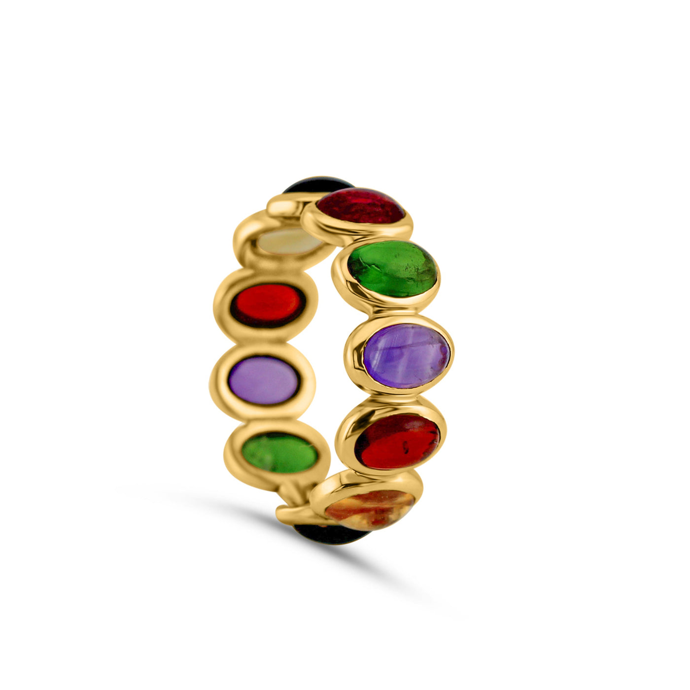 Multicolor Stones Oval Ring In 18K Yellow Gold