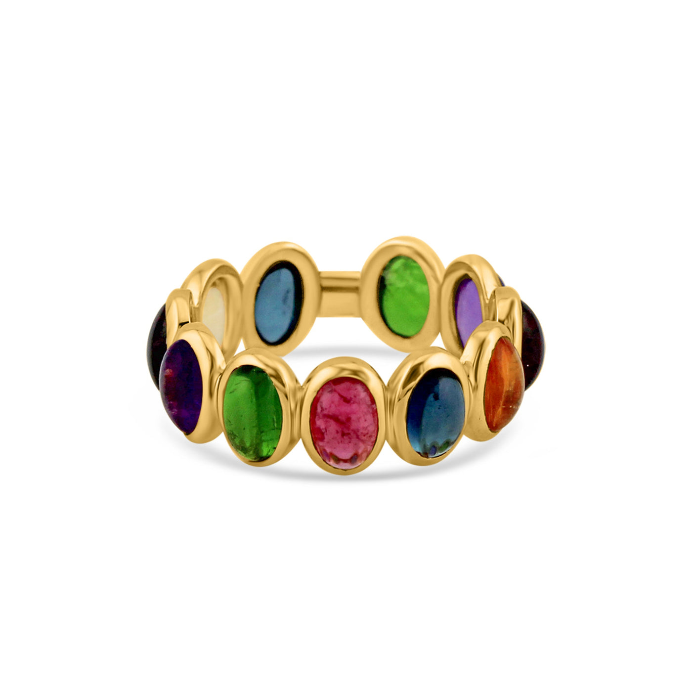 Multicolor Stones Oval Ring In 18K Yellow Gold