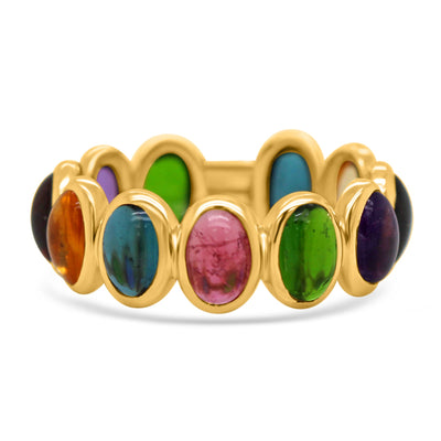 Multicolor Stones Oval Ring In 18K Yellow Gold