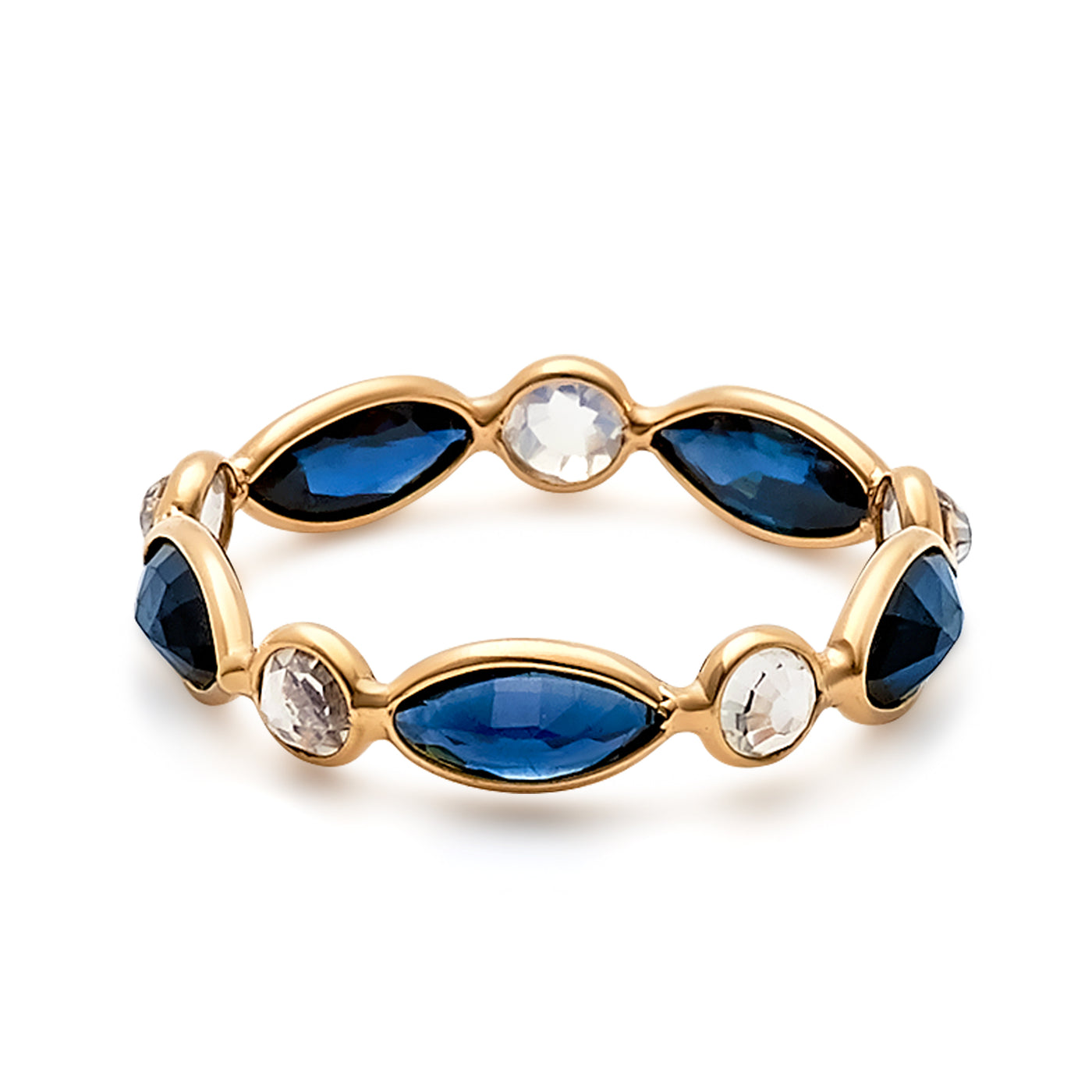 Blue Sapphire Marquise And Rainbow Moonstone Round Ring In 18K Yellow Gold