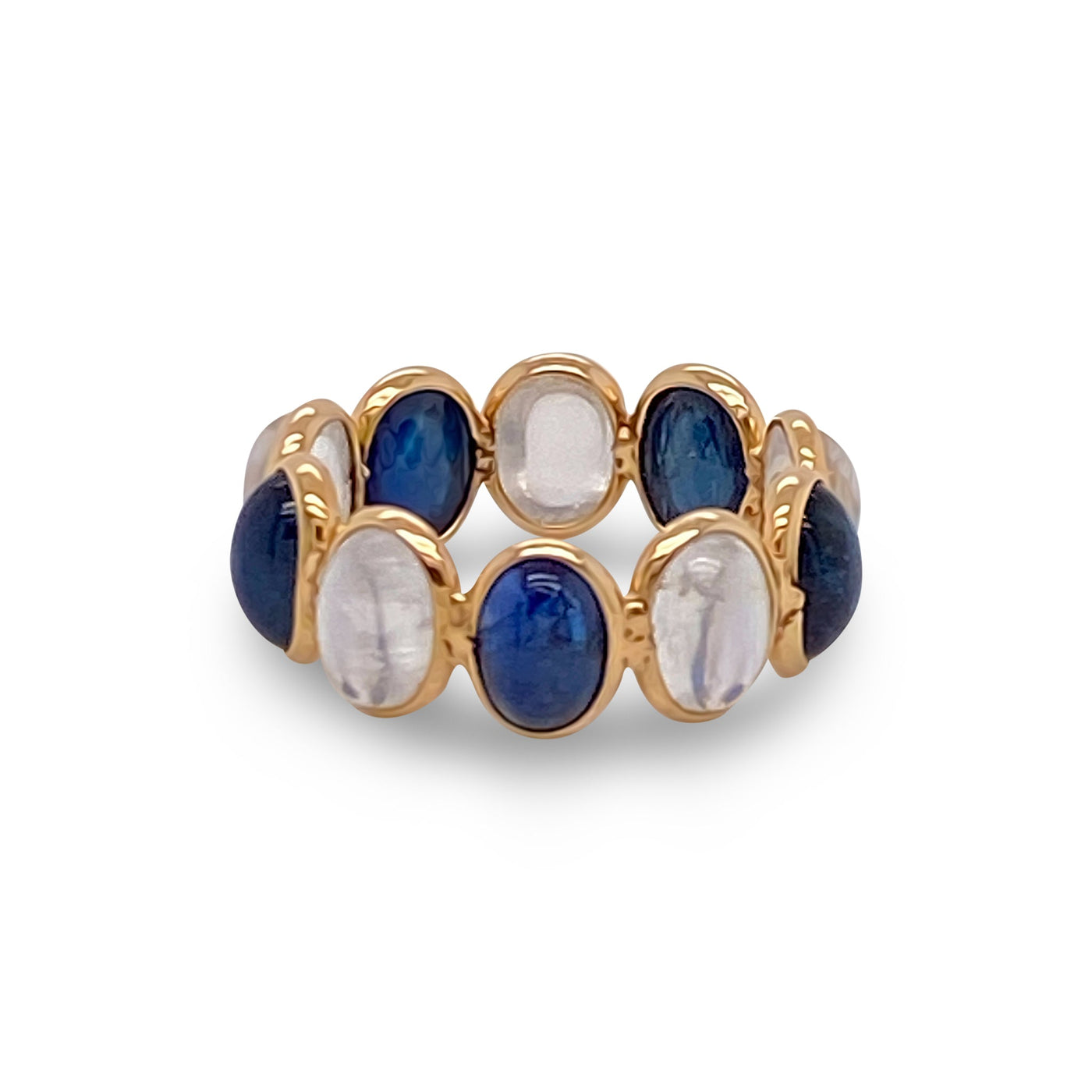 18K Gold Rainbow Moonstone & Blue Sapphire Ring