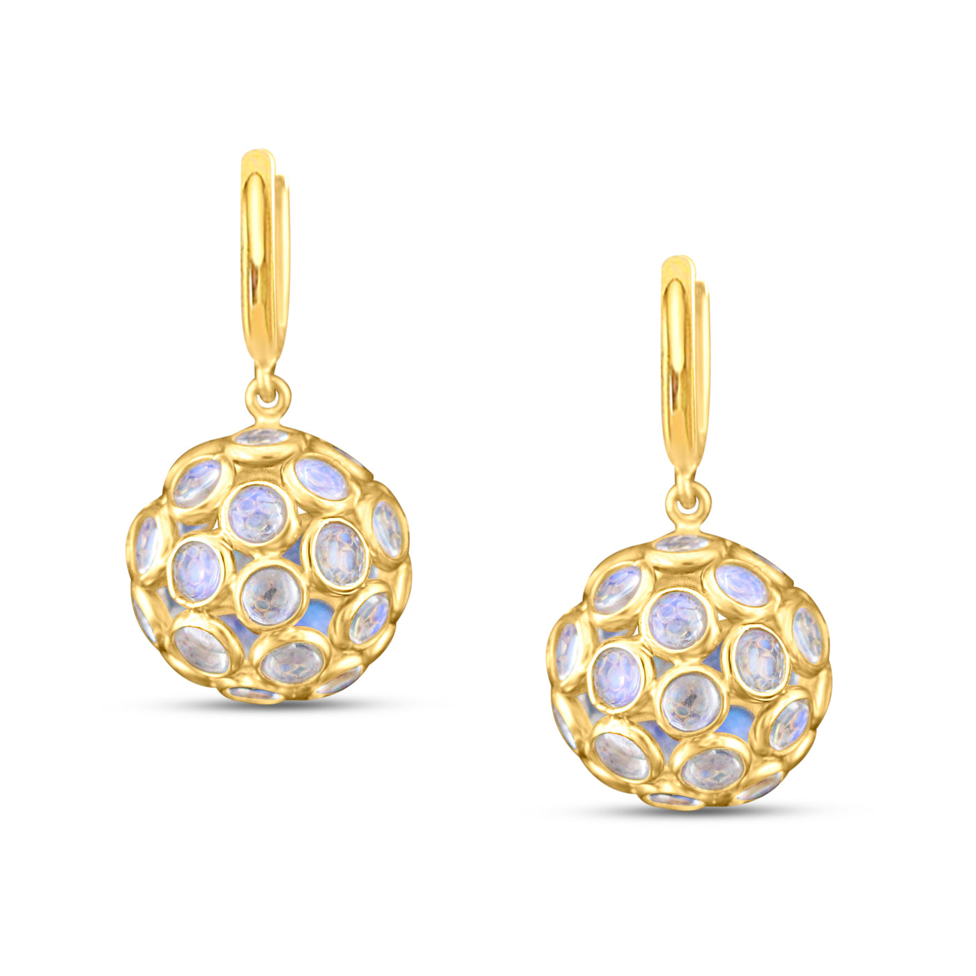 Rainbow Moonstone Ball Earrings With Plain Gold Huggies In 18K Yellow Gold