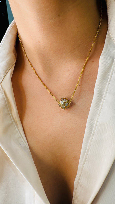 White Sapphire Necklace In 18K Yellow Gold - Tresor Collection Gold and white sapphire necklace styled on model – sophisticated everyday elegance