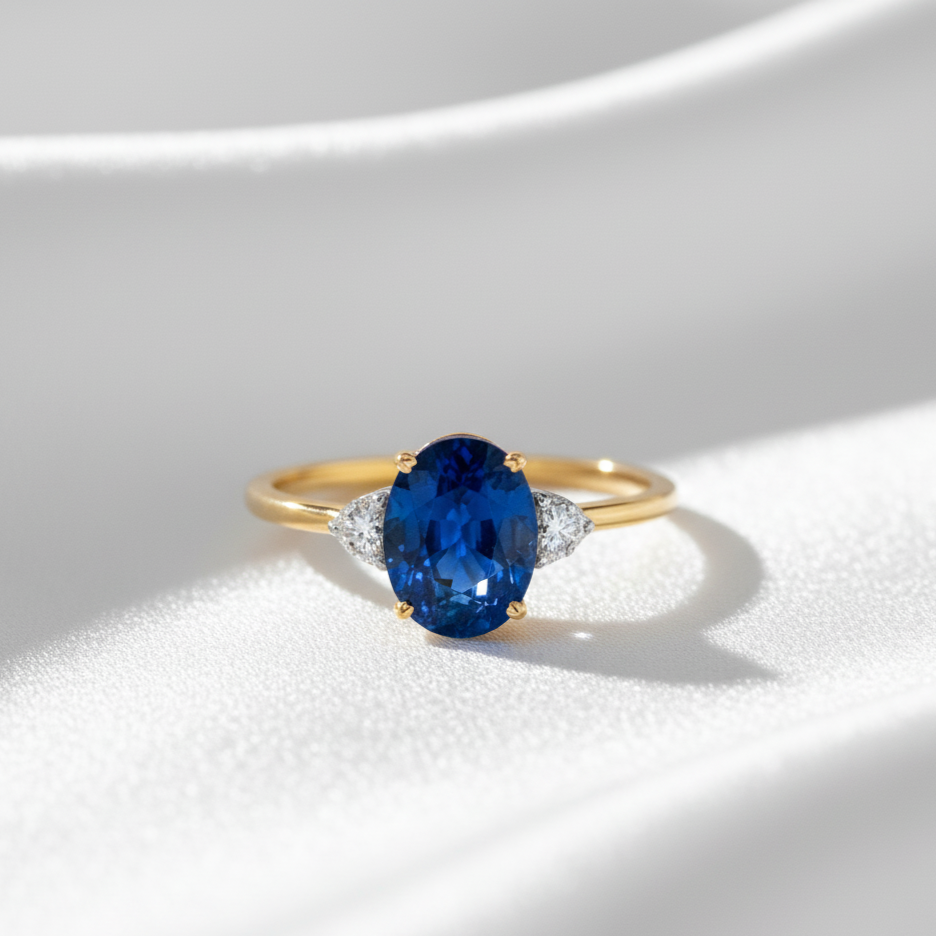 Gold ring with a blue gemstone on a white background