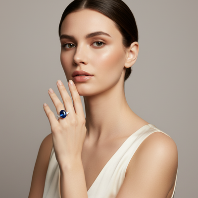 Woman wearing a blue gemstone ring on a neutral background