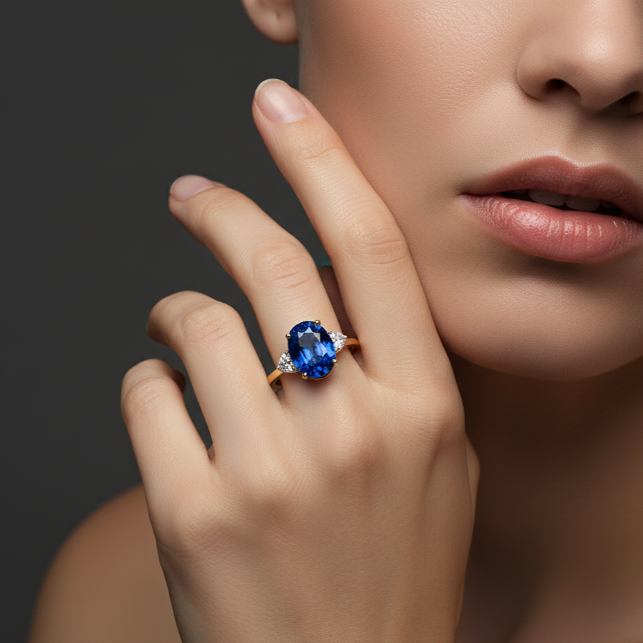 Close-up of a hand wearing a blue gemstone ring with a blurred background