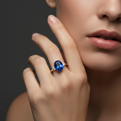 Close-up of a hand wearing a blue gemstone ring with a blurred background