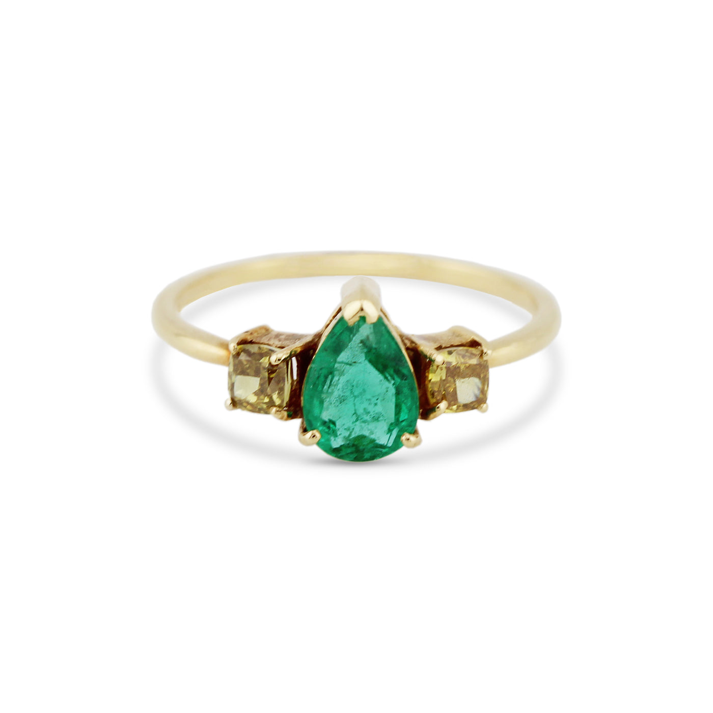 Emerald Pear shape & Diamond Square Ring In 18K Yellow Gold