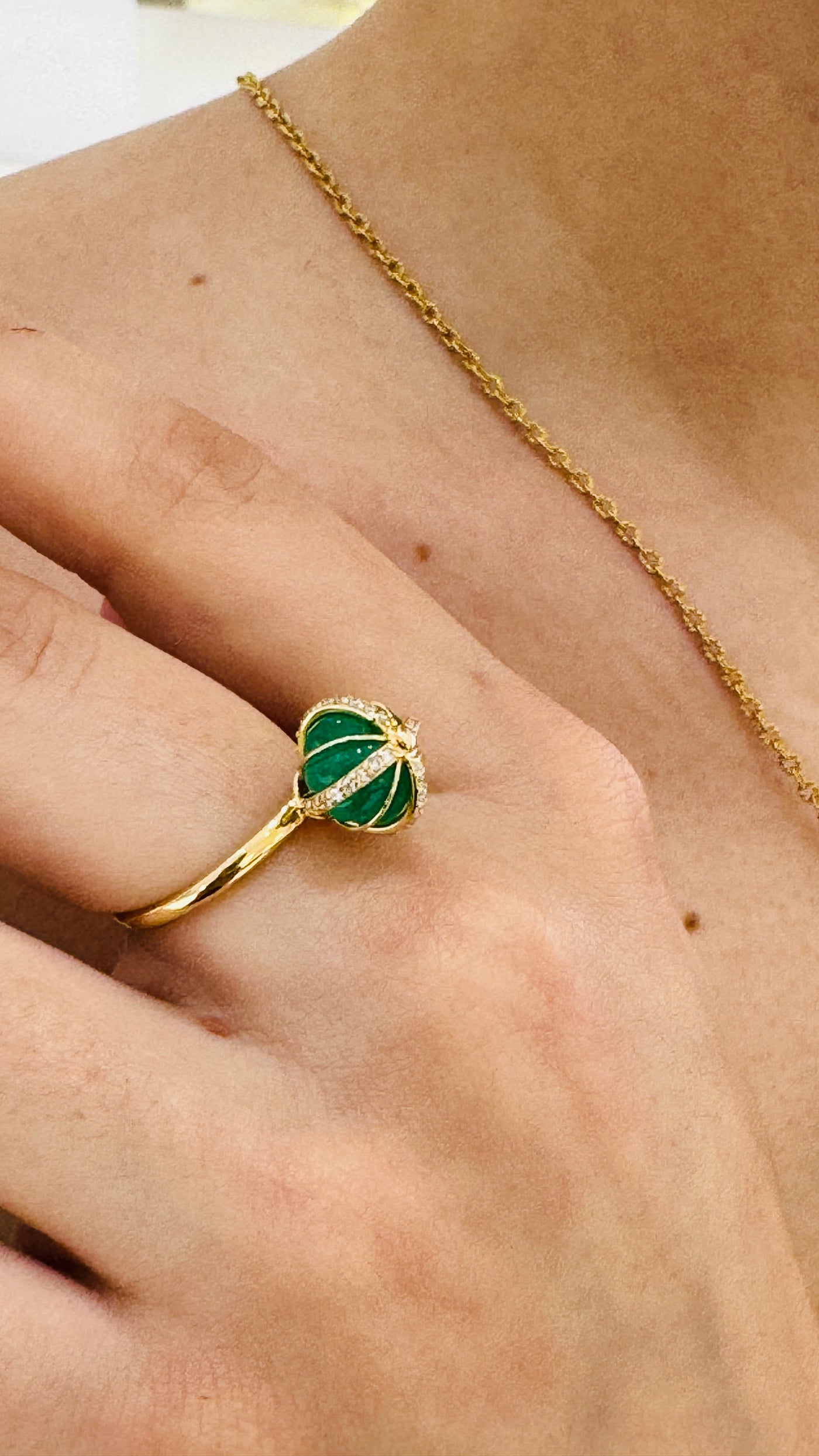 Emerald Beads & Diamond Ring In 18K Yellow Gold