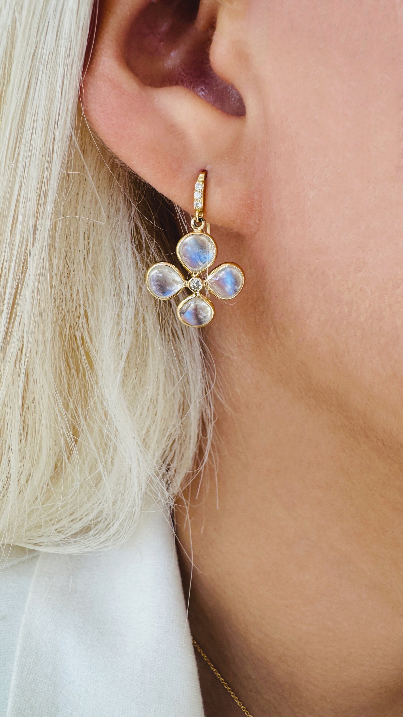 Rainbow Moonstone Tabiz Shape & Diamond Earring In 18K Yellow Gold