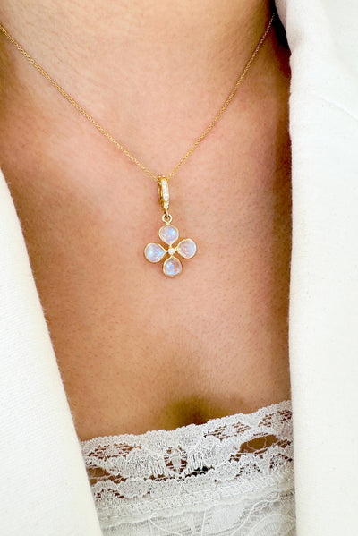 Rainbow Moonstone & Diamond Four Leaf Clover Pendant In 18K Yellow Gold