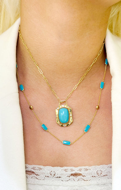 Turquoise Rectangle Necklace In 18K Yellow Gold