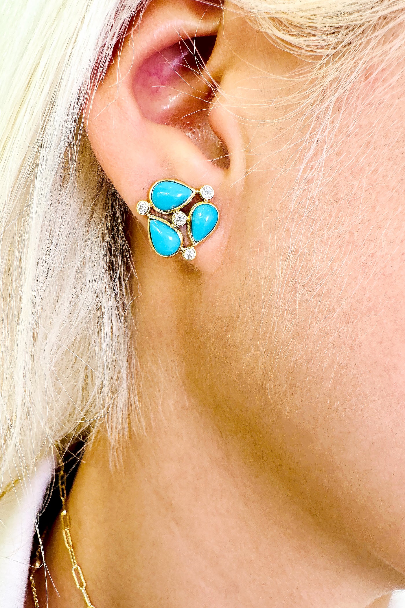 Turquoise Pear shape & Diamond Earring In 18K Yellow Gold