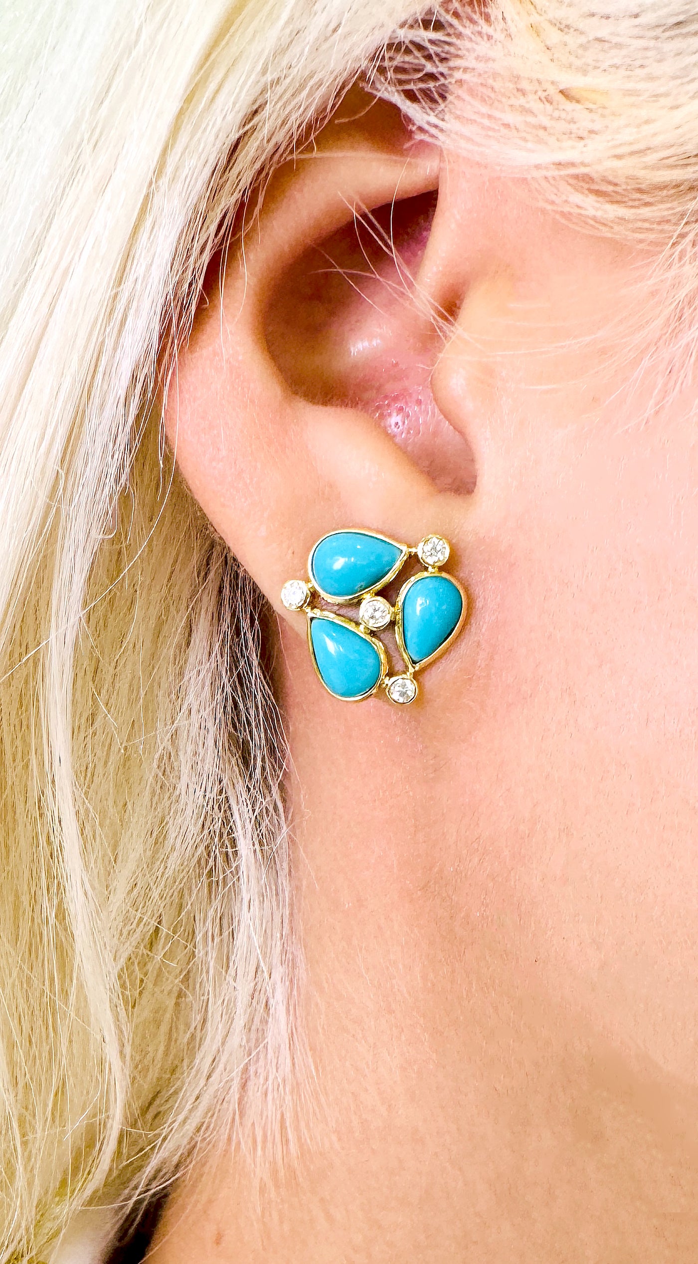 Turquoise Pear shape & Diamond Earring In 18K Yellow Gold