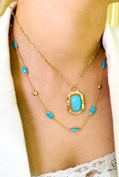 Turquoise Rectangle Necklace In 18K Yellow Gold