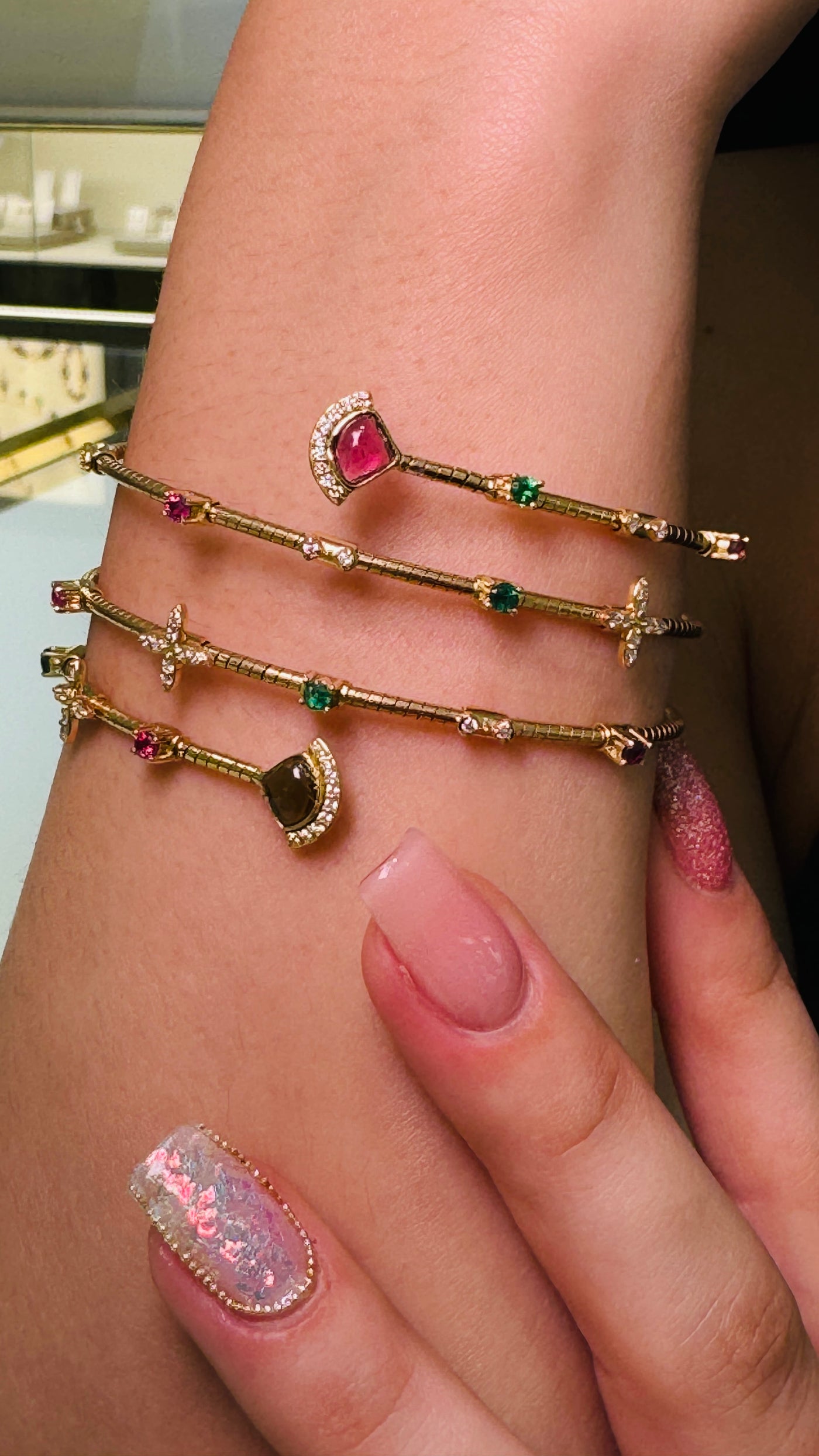 Multicolor Gemstone & Diamond 3 Row Symphony Bracelet In 18K Yellow Gold