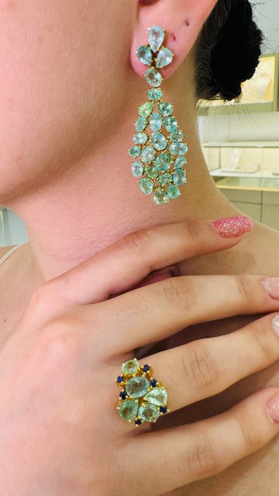 Paraiba Tourmaline Mix Shape & Blue Sapphire Rd. Ring In 18K Yellow Gold