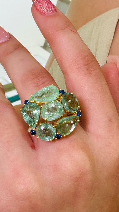 Paraiba Tourmaline Mix Shape & Blue Sapphire Rd. Ring In 18K Yellow Gold