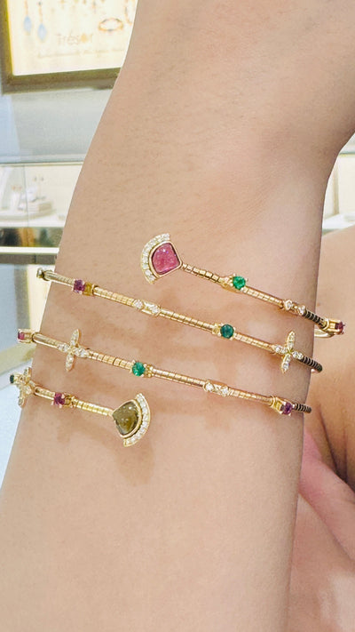 Multicolor Gemstone & Diamond 3 Row Symphony Bracelet In 18K Yellow Gold - Tresor Collection Colorful gemstone bangle bracelet on wrist – 18K gold fine jewelry by Tresor Collection