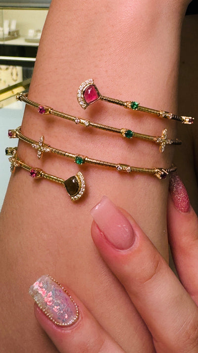 Multicolor Gemstone & Diamond 3 Row Symphony Bracelet In 18K Yellow Gold - Tresor Collection Stacked look of gold multi-gemstone bangle bracelets on wrist – elegant handcrafted jewelry by Tresor Collection