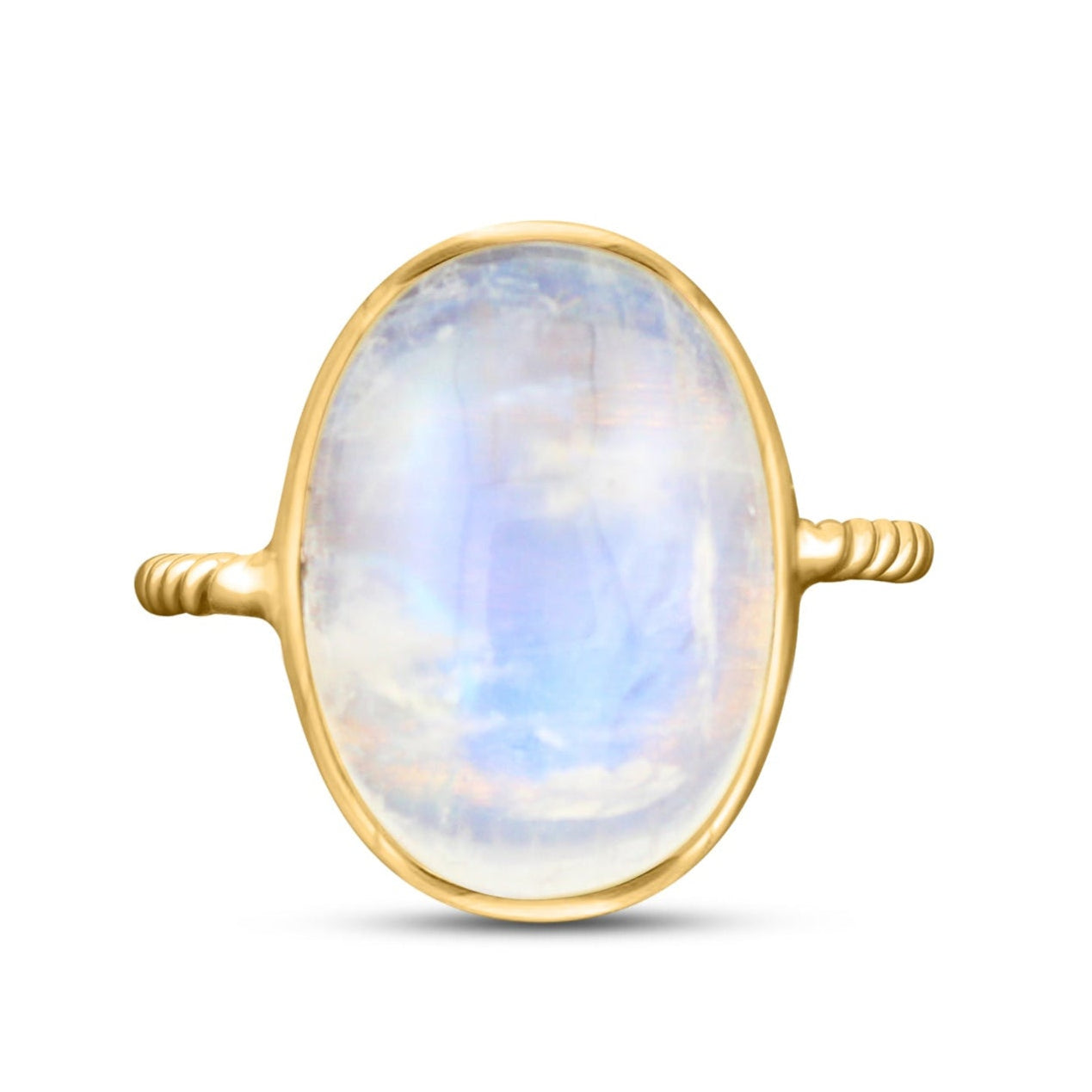 Rainbow Moonstone Oval Ring In 18K Yellow Gold - Tresor Collection Side view of 18K gold moonstone ring, highlighting the exquisite rope-style band.